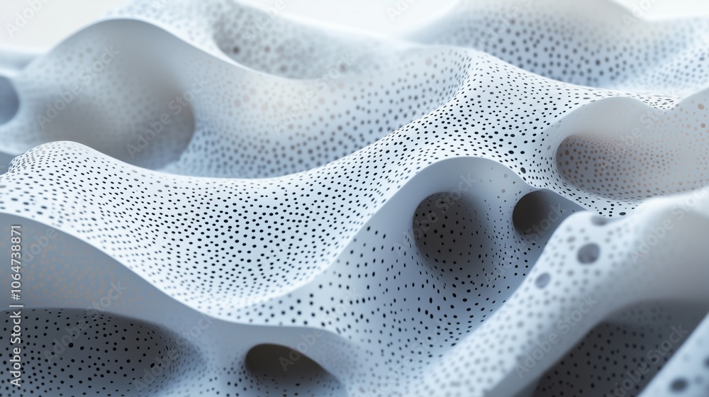 Poster abstract close-up of textured, wavy white material with intricate dotted patterns in soft natural li