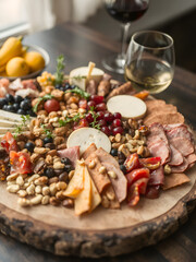 cheese board featuring a variety of cheeses, grapes, and accompaniments, paired with glasses of red wine