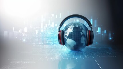 Globe with headphones and microphone on digital background, symbolizing global podcast earnings, international reach, podcast monetization