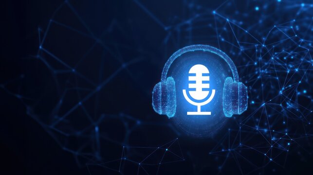Blue digital ear outline with headphones and voice search icon, representing audio podcast income, tech elements, podcast monetization