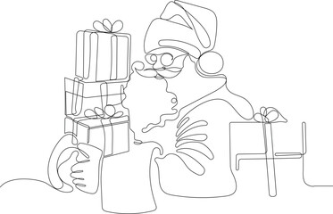 Outlined Cute Santa Claus Cartoon Character With A Sack Full Of Gifts. Vector Hand Drawn Illustration. One continuous line drawing Santa Claus on reindeer and sled. concept for Christmas and New Year