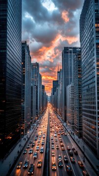 Cars crawling through a stunning urban highway at sunset during evening rush hour in a bustling city landscape