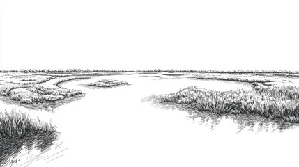 Hand-drawn river delta with intricate waterways and marshy areas capturing a calm wetlands scene in black ink on white