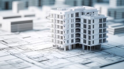 A 3D architectural model of a multi-story building on a blueprint background.
