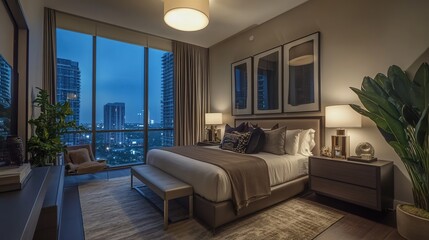 Fototapeta premium Luxury apartment bedroom with king size bed and large window