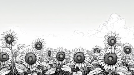 Hand-drawn sunflower field with open skies capturing summer warmth in black on white