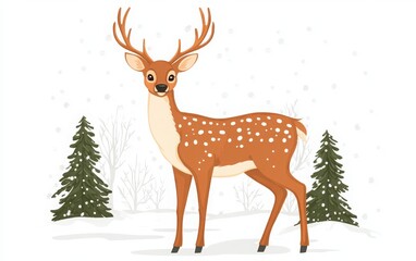 A delightful flat style vector illustration featuring a joyful Christmas deer amidst a snowy forest landscape, set against a clean white background. 
