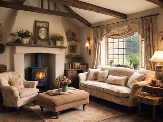 Interior of a classic english country house with fireplace, sofa and vintage armchair