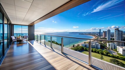 A modern balcony with a stunning view of a coastal cityscape under a clear blue sky , balcony, modern, coastal, cityscape