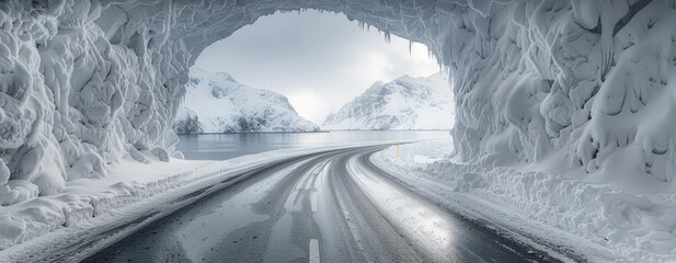 A picturesque winter scene reveals a snow-blanketed tunnel opening onto a winding road next to serene water and towering mountains. The landscape showcases natural beauty in cold weather