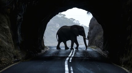 Naklejka premium An elephant walks across a road as it passes through a dark tunnel, surrounded by rocky walls and misty morning air, creating a serene wildlife moment