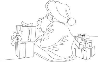 Outlined Cute Santa Claus Cartoon Character With A Sack Full Of Gifts. Vector Hand Drawn Illustration. One continuous line drawing Santa Claus on reindeer and sled. concept for Christmas and New Year
