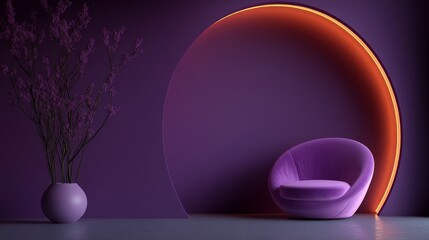 Obraz premium A modern purple interior featuring a stylish chair and decorative plant with ambient lighting.