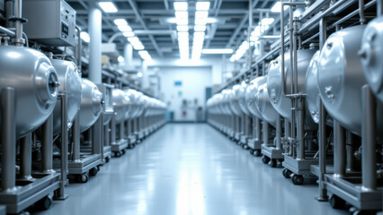 Obraz premium An industrial facility with rows of cylindrical tanks or storage silos.