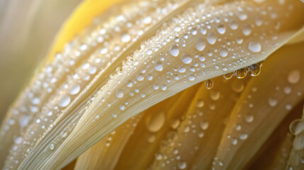 A close-up of a corn husk with dew drops, showcasing the freshness of the harvest.