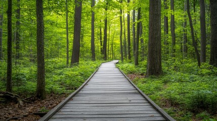 Obraz premium Peaceful wooden boardwalk stretching into a dense green forest inviting quiet exploration among towering trees