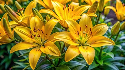 Obraz premium Yellow lily flowers with vibrant petals blooming among green leaves, flora, garden, nature, plant, blossom, botanical, yellow