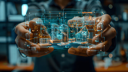 Digital Transformation Integration between technology and business, with elements such as augmented reality overlays on physical products