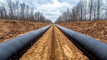 Heavyduty pipes laid out next to an open road trench, road pipe laying work, representing preparation for underground utility work