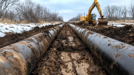 Heavyduty pipes laid out next to an open road trench, road pipe laying work, representing preparation for underground utility work