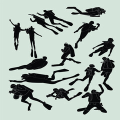 Vector set silhouette of Snorkeling, free diving. Swimming, extreme sport concept. Isolated background. Vector illustration.