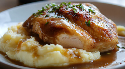 A close-up of a golden Thanksgiving turkey served with mashed potatoes and gravy.