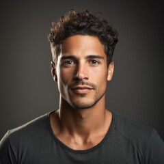 Obraz premium Determined man in relaxed attire with strong demeanor against a lively studio background