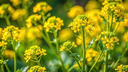Blooming wintercress herb with yellow flowers in natural background, Barbarea vulgaris, winter rocket, rocketcress