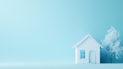 A minimalist illustration of a house beside a tree on a soft blue background.
