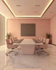 Fototapeta premium Modern Conference Room with Sleek Design, Minimalist Boardroom Table and Leather Chairs, Soft Lighting and Neutral Tones, Elegant Meeting Space, Professional Office Interior