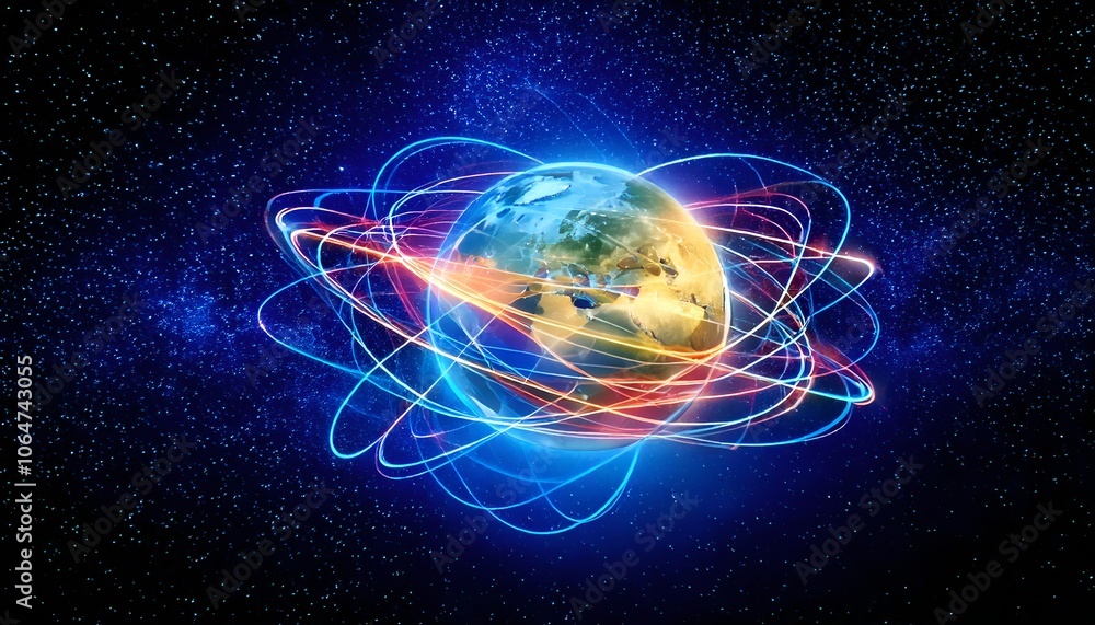 Poster abstract representation of the earth with bright lines wrapping around it, symbolizing would.