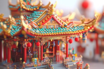 3D three-dimensional style, Chinese New Year temple fair scene, no characters, C4D three-dimensional style, the overall picture is transparent and bright, fresh and bright colors, with generative ai