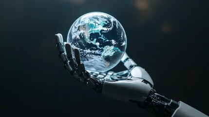 Robotic hand holding a holographic planet earth symbolizing environmental tech