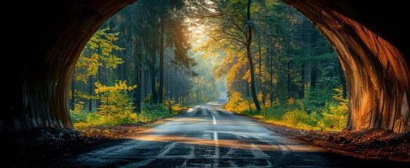 A peaceful forest road winds through a natural tunnel formed by lush trees, bathed in soft morning light highlighting vibrant greenery and creating a tranquil atmosphere - Powered by Adobe