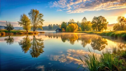 Fototapeta premium Serene morning at Richfield awakening to peaceful beauty, dawn, Richfield, serene, beauty, morning, calm, tranquil, peaceful