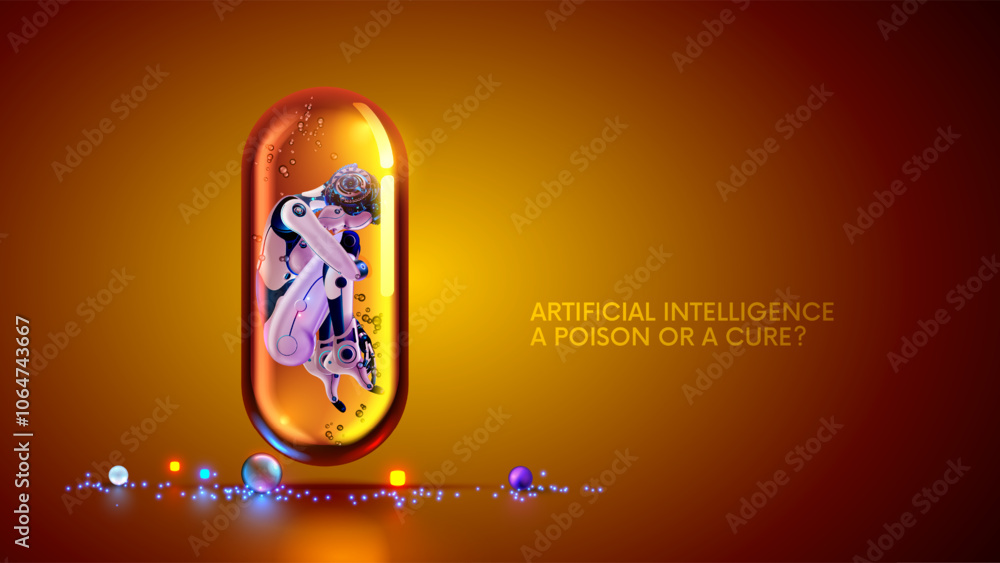 Poster AI robot inside glass capsule of medicine. Artificial intelligence or AI in image of female robot in position of an embryo in pill. Artificial intelligence technology. Artificial neural network.