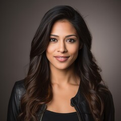 Fototapeta premium Indian woman with a natural smile and loose hair in a casual outfit on a minimalist studio background