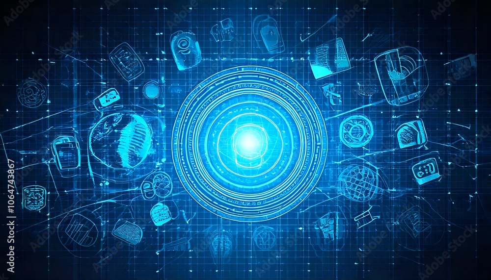 Poster futuristic tech inspired background with a faint grid pattern and glowing holographic icons