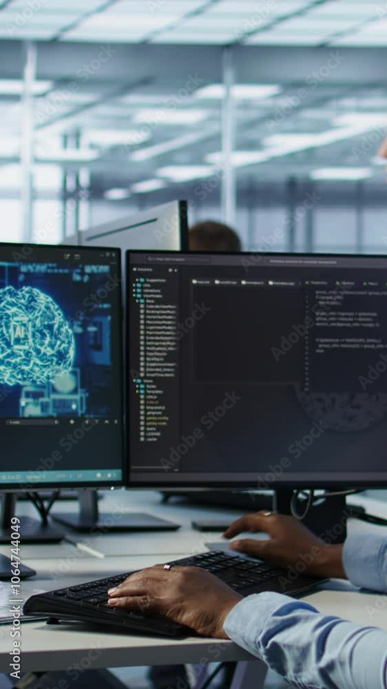 Poster woman leaving desk after finishing programming tasks in ai data center used for machine learning tra