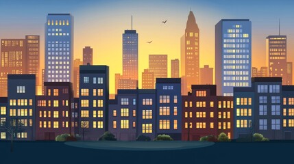 Naklejka premium A vibrant city skyline at sunset, showcasing buildings and a tranquil foreground.