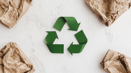 Recycling symbol with crumpled paper on a white background.