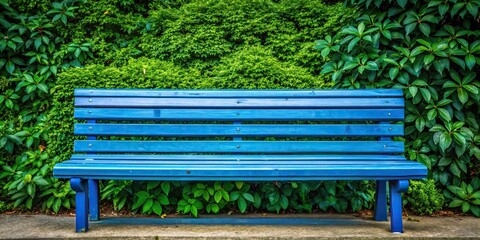 Wooden bench on green leaves background