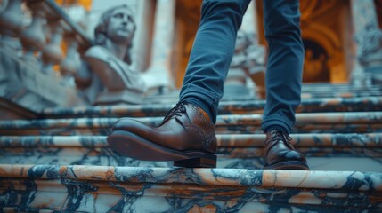 A person climbs beautifully designed marble steps, highlighting intricate details and towering sculptures in a majestic historic setting