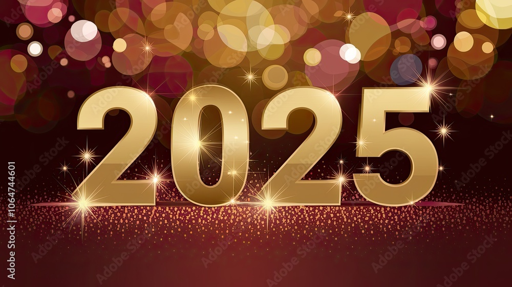 Poster golden 2025 numbers with sparkles on bokeh background.