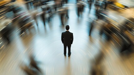 Solitary businessman standing apart in a crowded corporate lobby capturing a sense of isolation amidst the busy professional world with motion blur