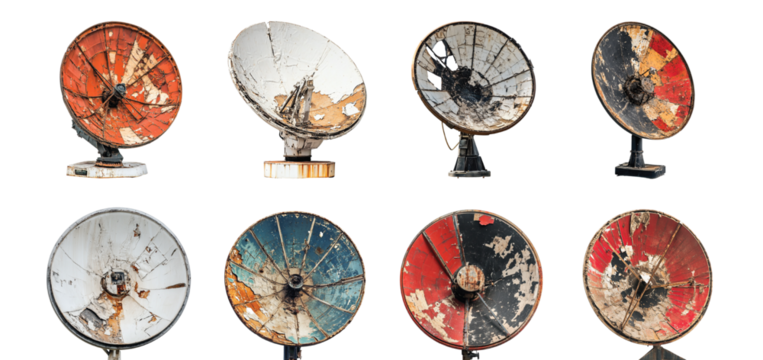 Pack of Damaged satellite dish set against transparent background for tech repair themes, satellite service issues, or electronic troubleshooting content