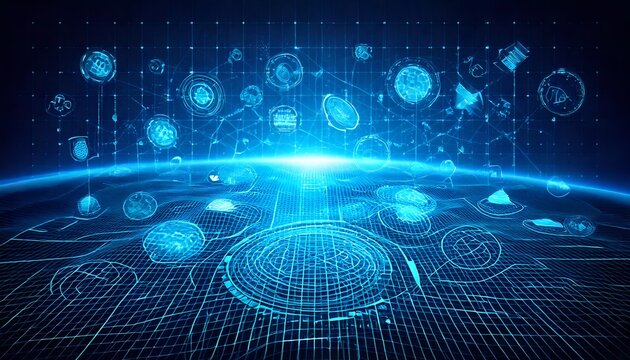 Futuristic tech inspired background with a faint grid pattern and glowing holographic icons 