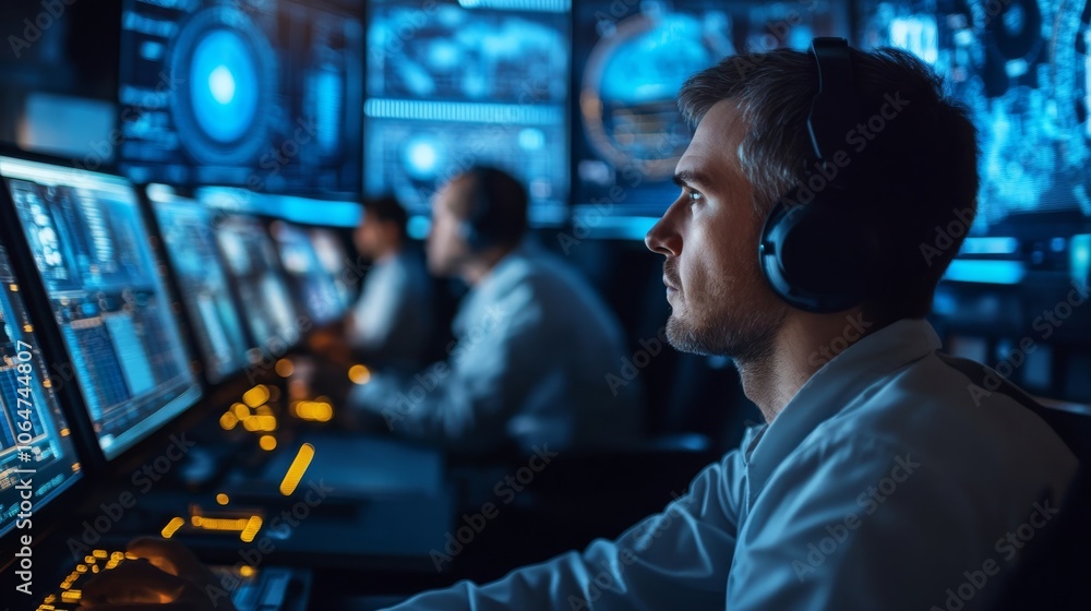 Poster a focused professional monitors multiple screens in a high-tech control room, surrounded by digital 