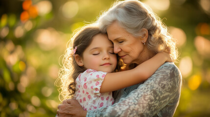 Obraz premium Grandmother and granddaughter hugging each other with closed eyes in a beautiful outdoor setting with golden sunlight