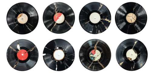 Pack of Damaged vinyl record set against transparent background for discussions on record repair, music issues, or vintage audio equipment